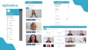 Tela do aplicativo Lux Educação Inclusiva com menu de opções na extremidade esquerda e galerias de conteúdos contendo fotos das profissionais responsáveis no restante da tela.