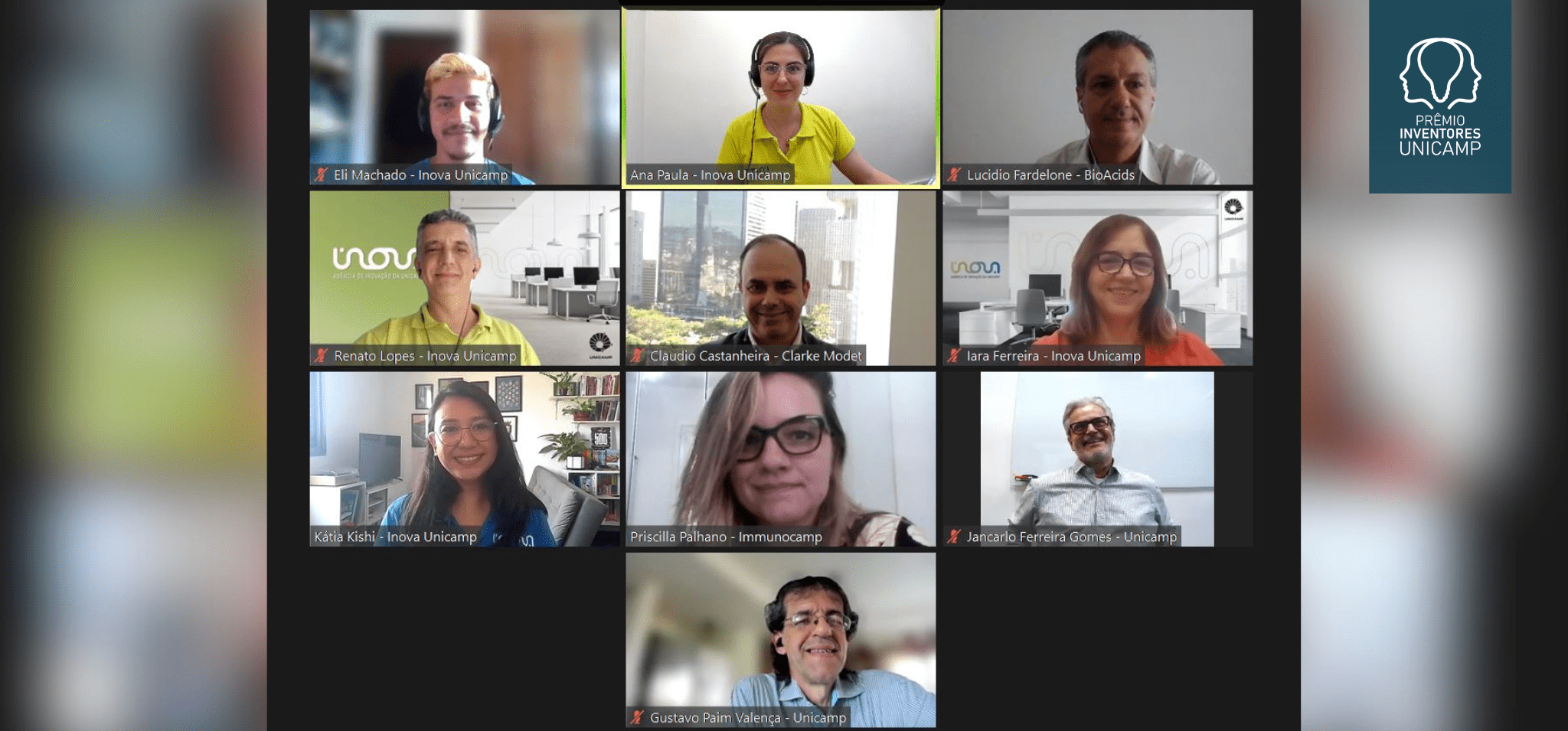 Captura de tela da apresentação realizada no Zoom para o Webinar do Prêmio Inventores da Unicamp. O registro conta com painelistas e colaboradores da Inova Unicamp, que estão com as câmeras abertas, dispostas cada um em um bloco retangular. Fim da descrição.