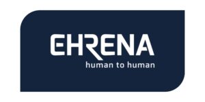 É uma imagem de logotipo em formato horizontal. O assunto principal é a marca Ehrena. A paisagem é um fundo retangular com cantos arredondados, na cor azul-marinho. O texto está em branco. A ação é de apresentar o logotipo, que consiste na palavra "EHRENA" em letras maiúsculas estilizadas, com o slogan "human to human" logo abaixo, em fonte menor e minúscula. Fim de descrição. 