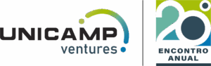 Foto colorida apresenta o logo do evento Unicamp Ventures nas cores azul e amarelo. Fim da descrição.