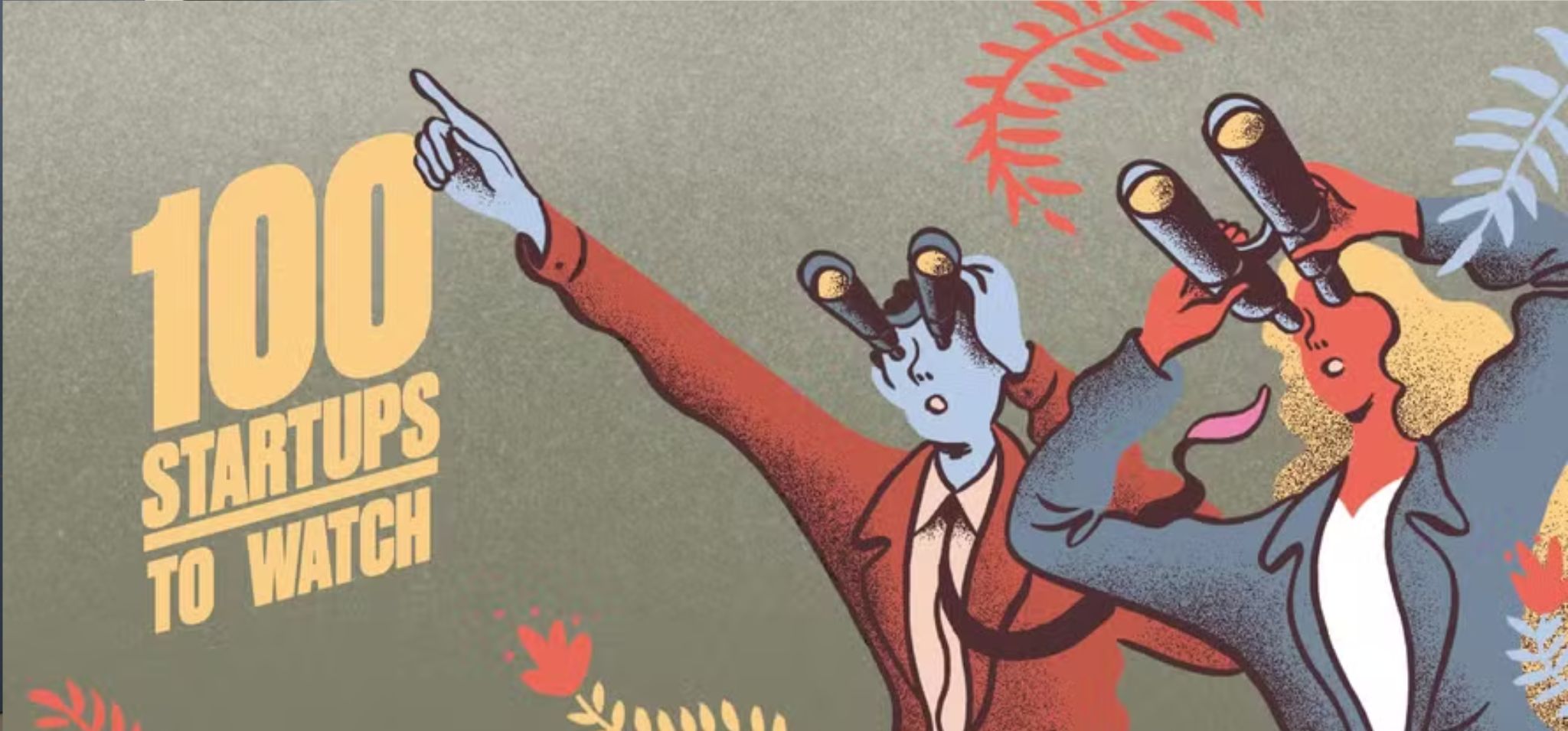 Foto colorida apresenta a ilustração de um homem e uma mulher apontando para o céu e o texto: "100 startups to watch". Fim da descrição.
