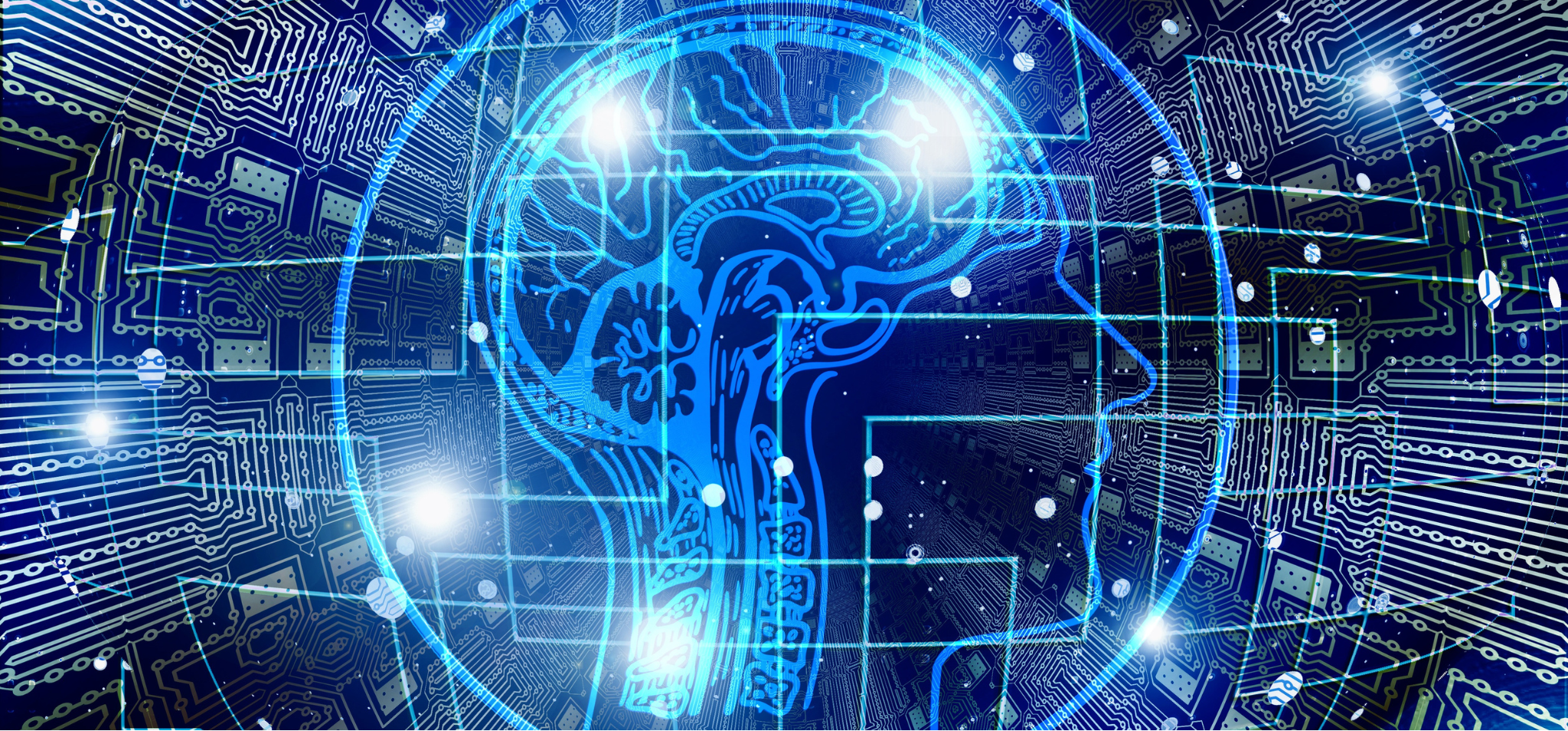 Banner digital com fundo em tons de azul apresentando a ilustração de um cérebro humano integrado a circuitos de uma placa-mãe. Fim da descrição.