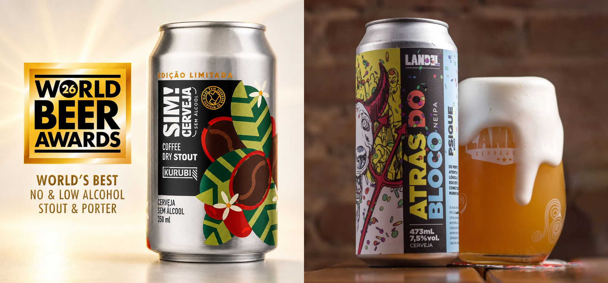 Esta imagem apresenta duas ofertas distintas de cervejarias artesanais brasileiras em painéis lado a lado. O painel esquerdo foca na 'Sim! Cerveja Coffee Dry Stout' sem álcool, exibindo uma lata de alumínio de 350 ml com arte de folhas e grãos de café e flores de café brancas, ao lado de um prêmio dourado do 'World Beer Awards 2021' que a rotula como a 'Melhor Stout & Porter Sem/Baixo Álcool do Mundo'. O painel direito apresenta uma lata de 473 ml da 'Landel Atrás do Bloco - Neipa' com arte psicodélica vibrante, incluindo uma cabeça de bode vermelha com chifres, e um copo ao lado cheio de cerveja âmbar turva com uma espuma branca abundante e transbordante, tudo contra um fundo de parede de tijolos desfocada. Estas marcas, Landel e Sim!, são exemplos do sucesso e da inovação que florescem no ecossistema de empresas-filhas da Unicamp. Fim da descrição.